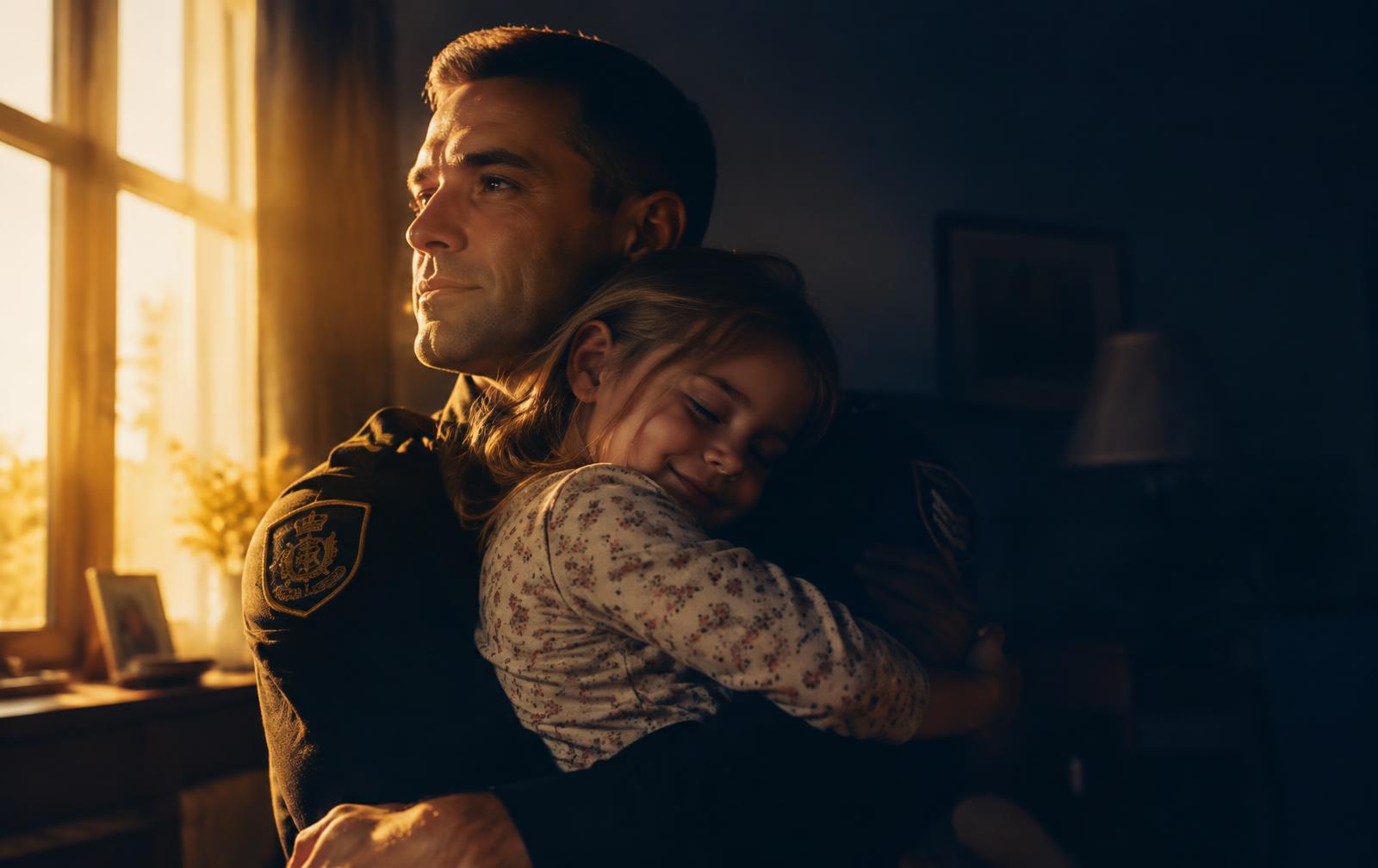 A firefighter holding his child